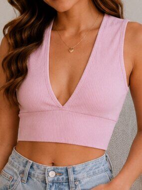 BDG Urban Outfitters Pink Ribbed Deep V Crop Tank Top‎ Y2K Coquette Womens XS